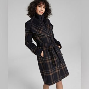 CALVIN KLEIN | Plaid Wool Blend Double Wrap Trench Coat PL